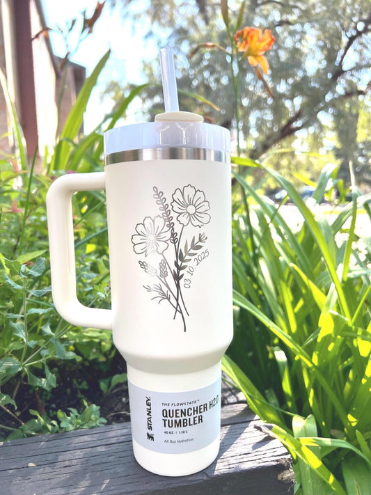 Personalized Birth Flower Stanley Tumbler: Engraved Name, 40 oz Gift