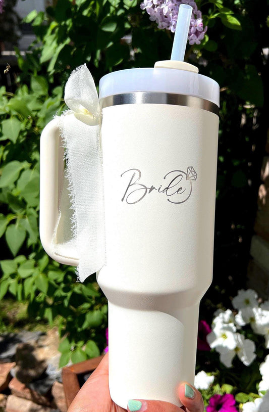 Personalized 40 oz Stanley Tumbler, Engraved Bride or Groom Gift, Custom Wedding Cup, Stainless Steel Travel Mug with Straw and Handle