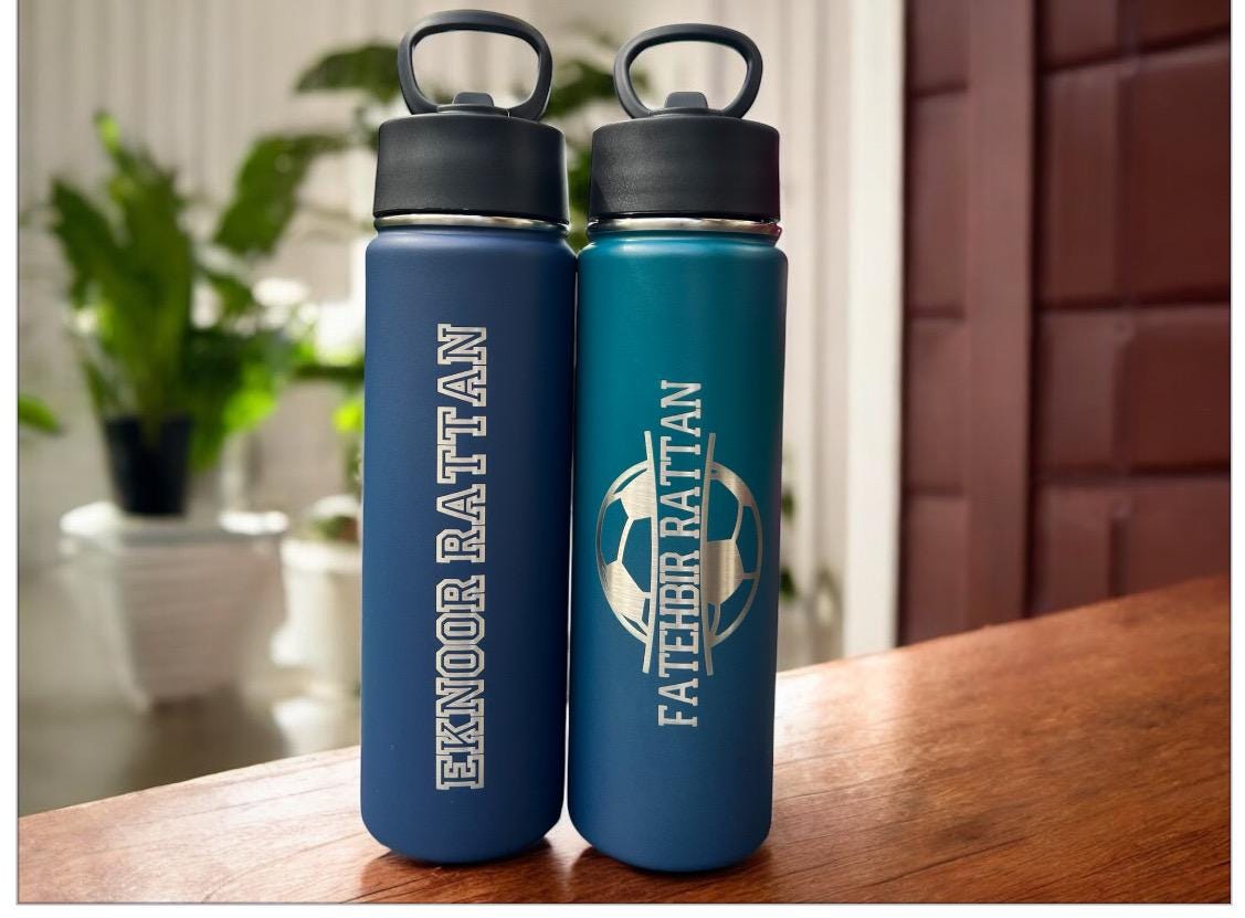 Personalized Soccer Water Bottle: Engraved Stainless Steel Sports Bottle with Straw