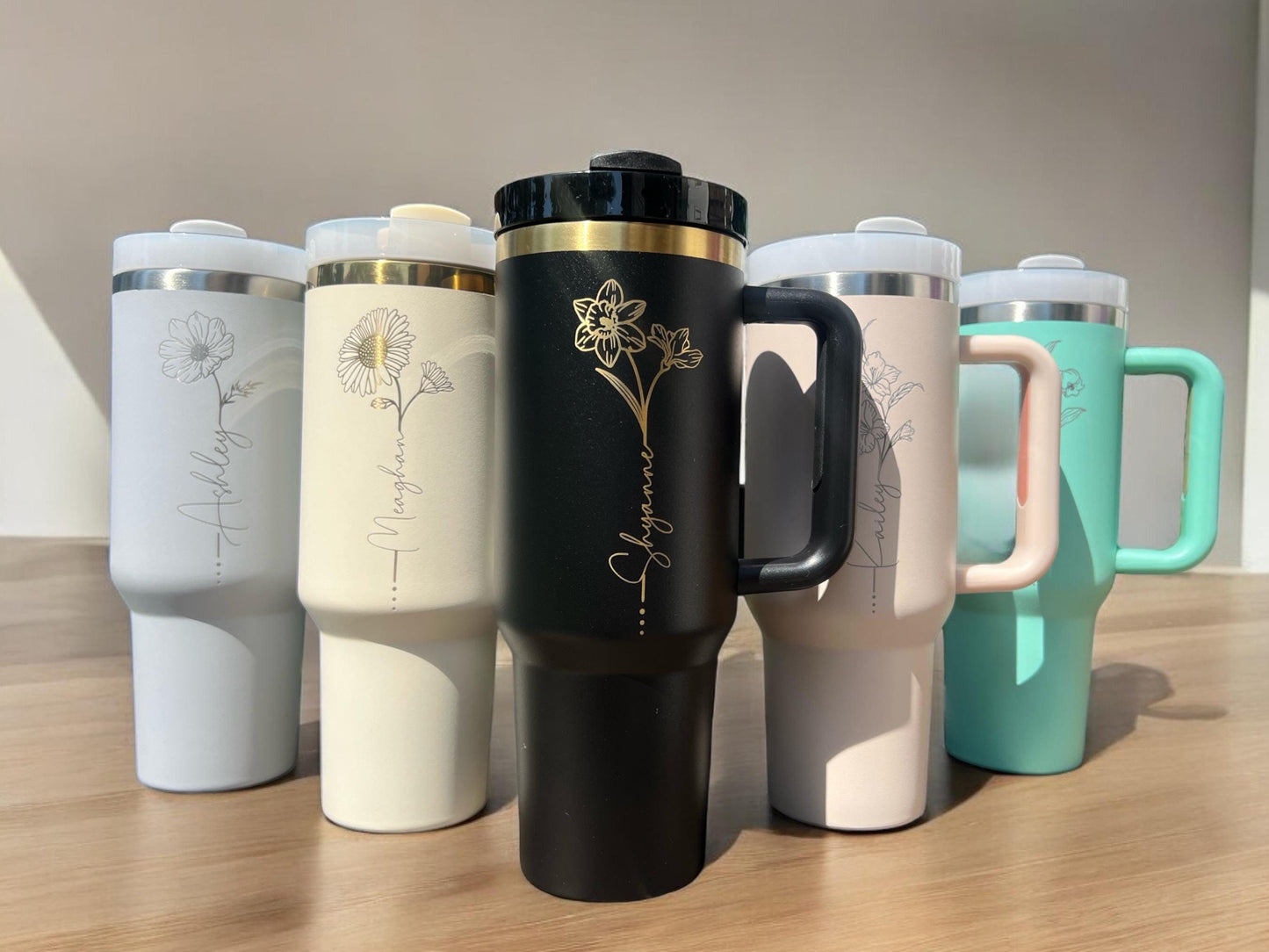 Personalised tumbler engraved with  birth Month Flower 40 oz travel cup birthday gift for bestfriend, mom grandma teachers heartfelt gifts