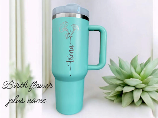 Personalised tumbler engraved with  birth Month Flower 40 oz travel cup birthday gift for bestfriend, mom grandma teachers heartfelt gifts