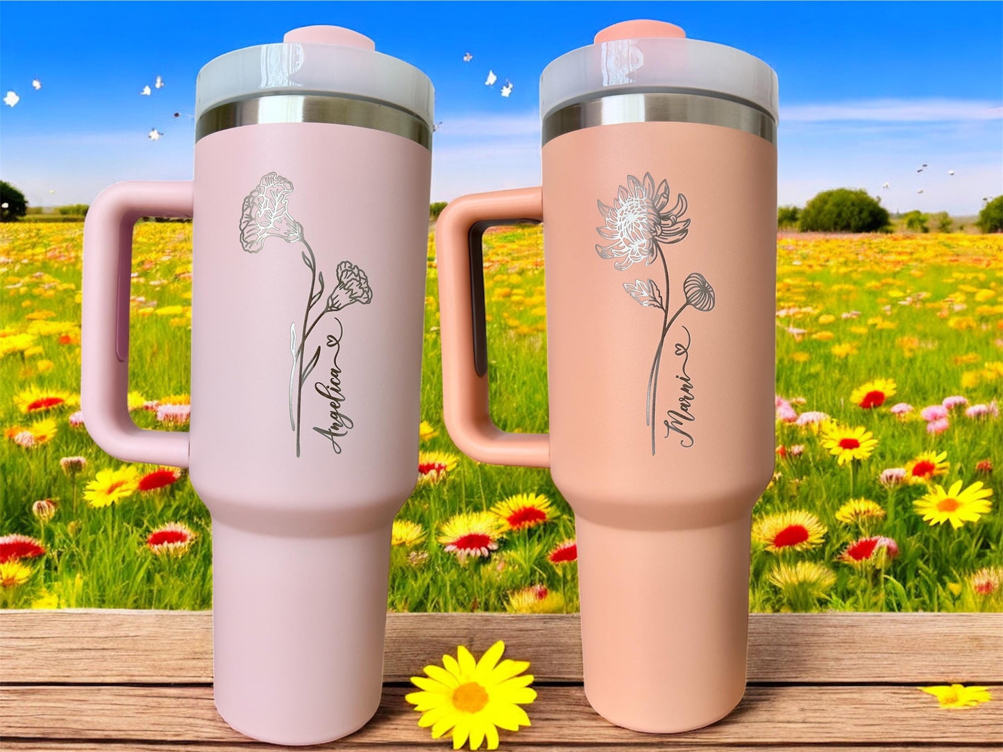 Personalised tumbler engraved with  birth Month Flower 40 oz travel cup birthday gift for bestfriend, mom grandma teachers heartfelt gifts