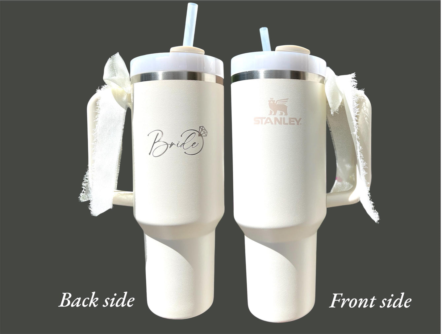 Personalized 40 oz Stanley Tumbler, Engraved Bride or Groom Gift, Custom Wedding Cup, Stainless Steel Travel Mug with Straw and Handle