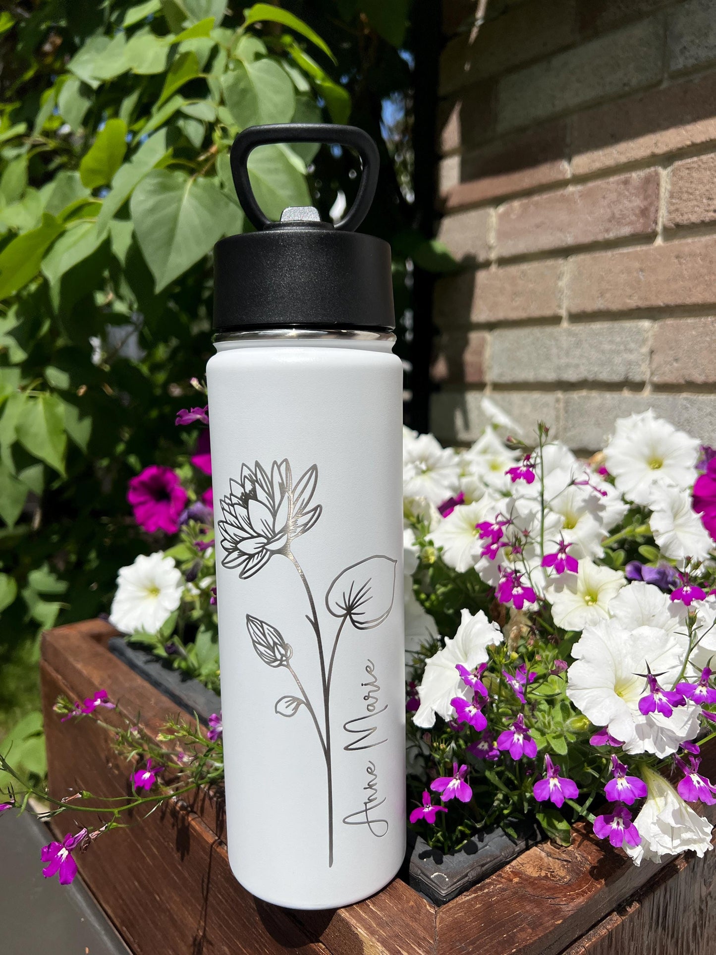 Personalized Birth Flower Tumbler: Engraved Stainless Steel Water Bottle, 22 oz