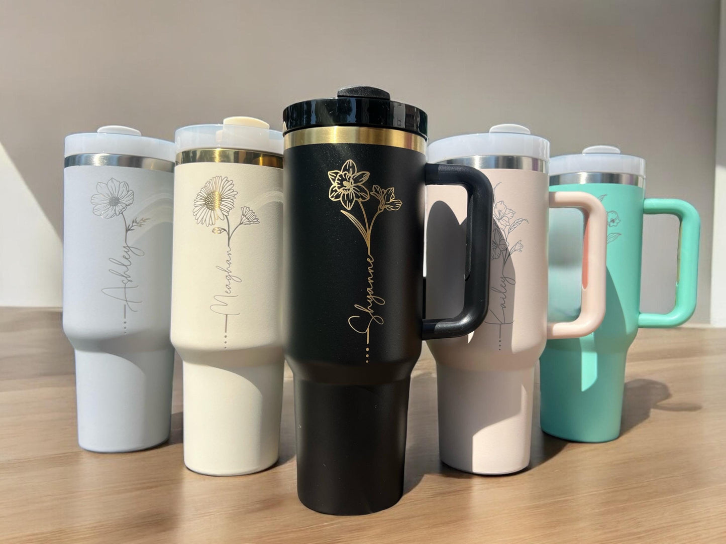 Personalized Birth Flower Tumbler: Engraved 40 oz Travel Cup