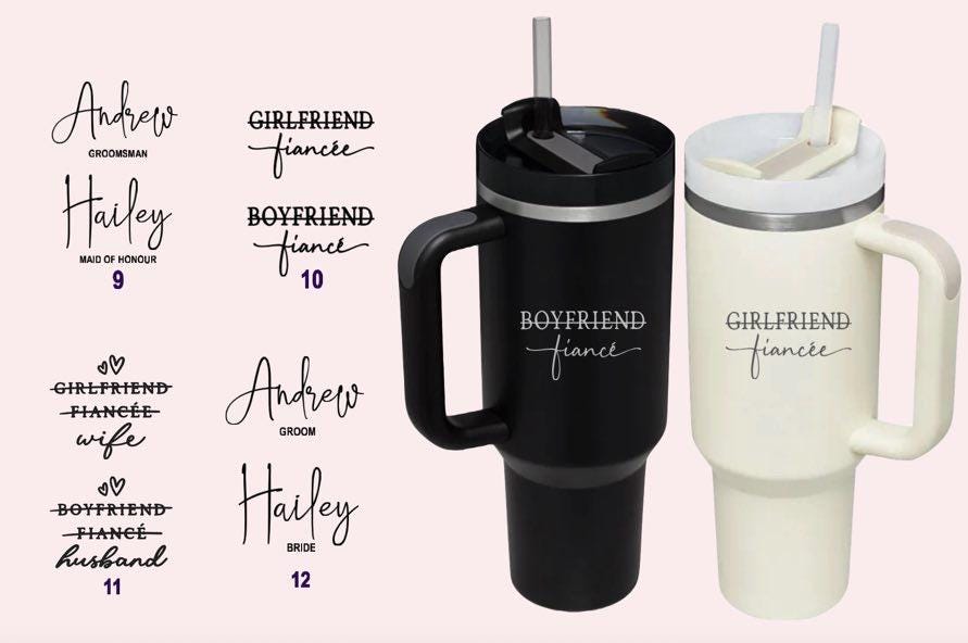 Personalized 40 oz Stanley Tumbler, Engraved Bride or Groom Gift, Custom Wedding Cup, Stainless Steel Travel Mug with Straw and Handle