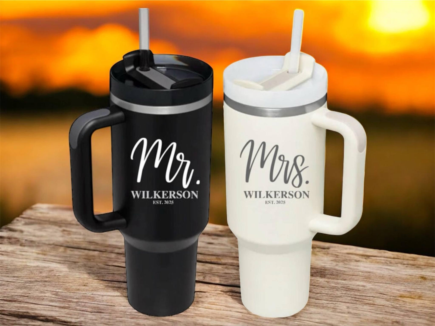 Personalized 40 oz Stanley Tumbler, Engraved Bride or Groom Gift, Custom Wedding Cup, Stainless Steel Travel Mug with Straw and Handle