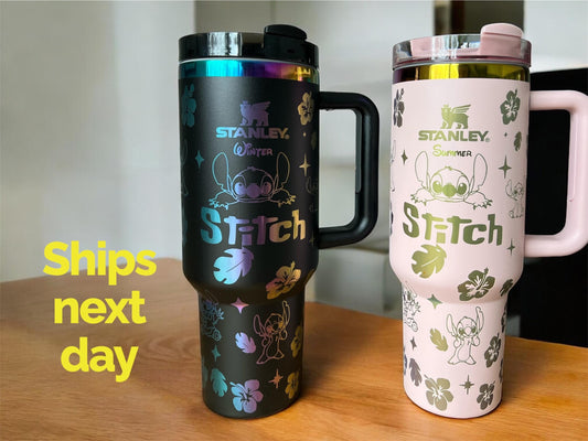 Stitch Engraved Stanley Tumbler with Name – Personalized Stainless Steel 40 oz, Custom gift, Pink stitch tumbler