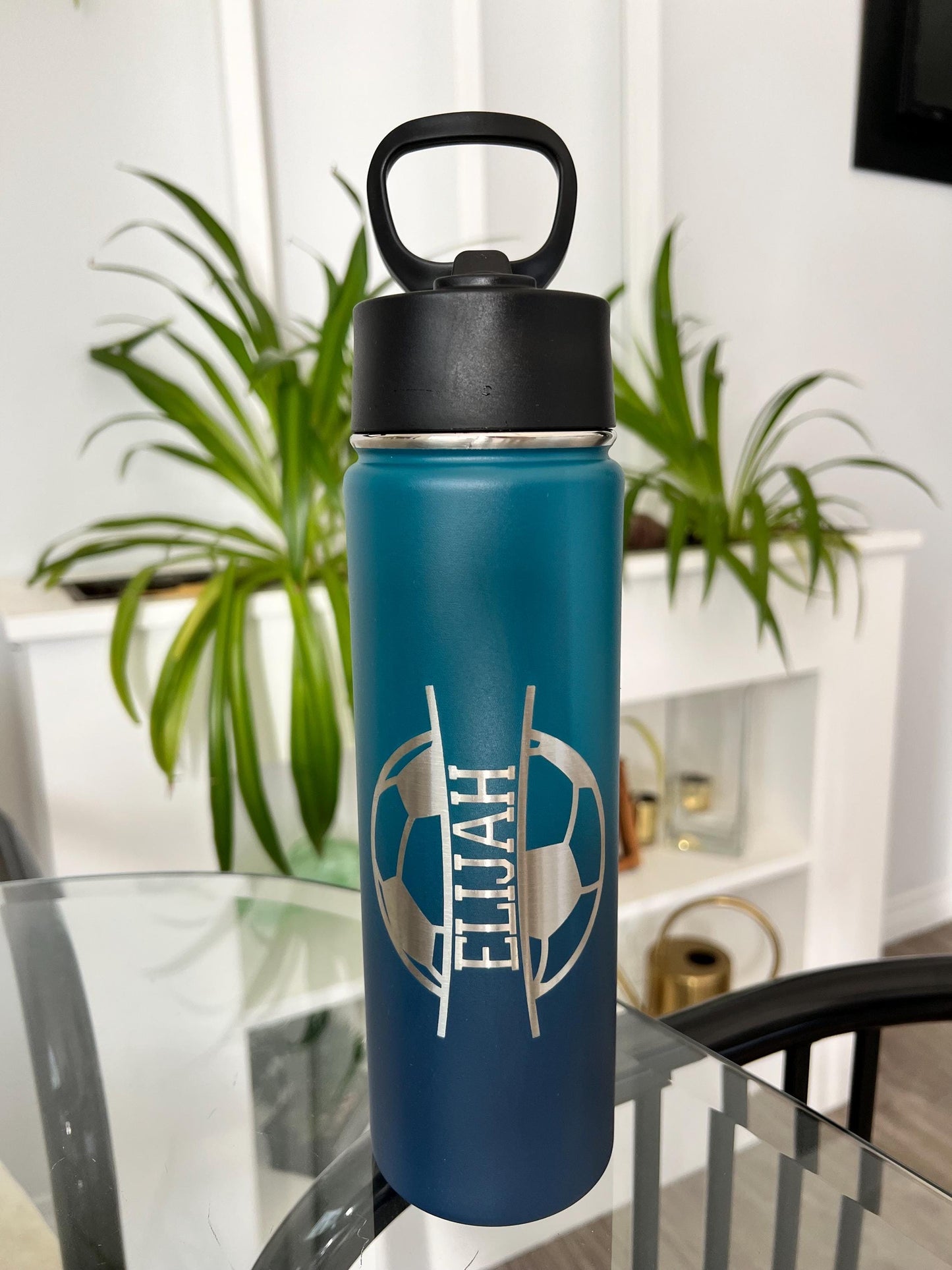 Personalized Soccer Water Bottle: Engraved Stainless Steel Sports Bottle with Straw