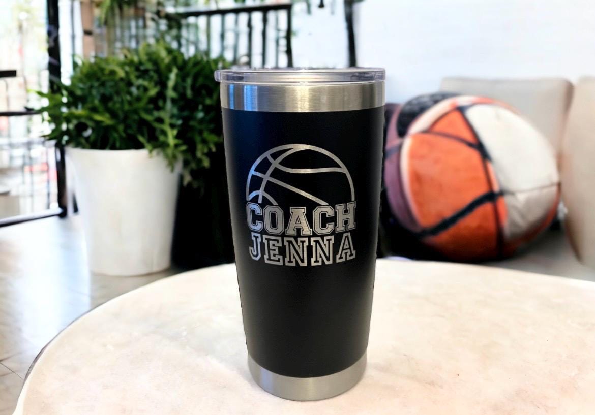 Personalized Basketball Coach gift, 20 0z stainless Tumbler, Hot or Cold drinks, Customized engraved sports cup for coaches, Basketball gift