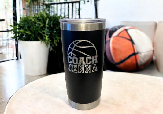 Personalized Basketball Coach gift, 20 0z stainless Tumbler, Hot or Cold drinks, Customized engraved sports cup for coaches, Basketball gift