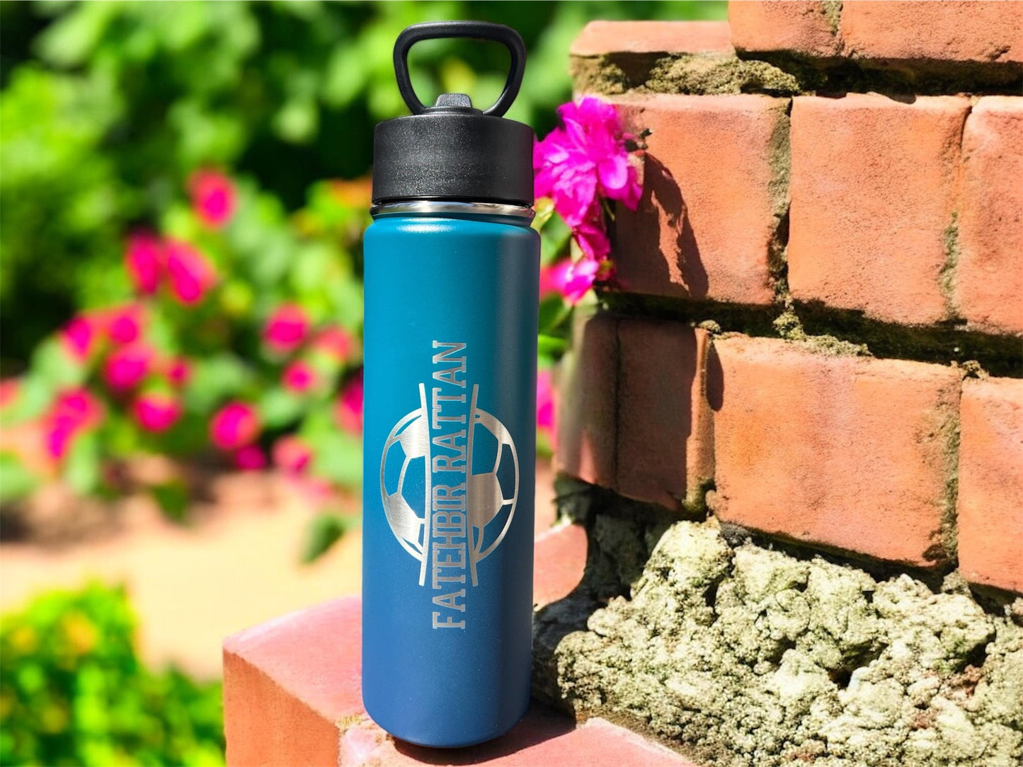 Personalized Soccer Water Bottle: Engraved Stainless Steel Sports Bottle with Straw