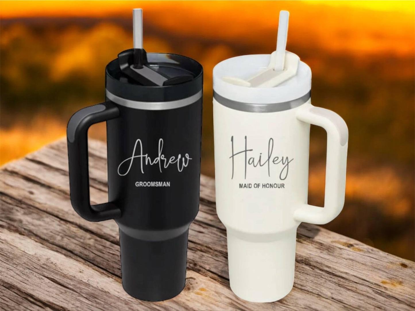 Personalized 40 oz Stanley Tumbler, Engraved Bride or Groom Gift, Custom Wedding Cup, Stainless Steel Travel Mug with Straw and Handle