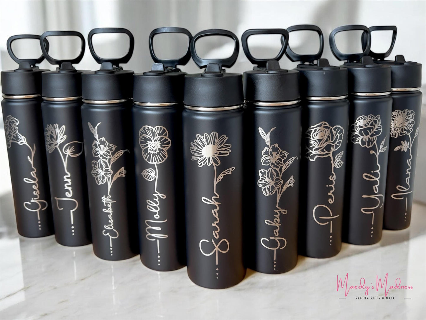 Personalized 22 oz Tumbler minimalist birth month flower, Engraved Name Cup, Leak proof water bottle birthday gift for mom grandma, travel