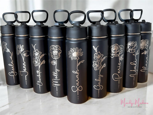 Personalized 22 oz Tumbler minimalist birth month flower, Engraved Name Cup, Leak proof water bottle birthday gift for mom grandma, travel