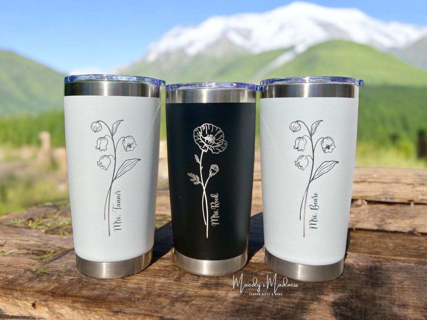 Personalized Birth Flower Tumbler: Engraved 20oz Stainless Steel Coffee Cup