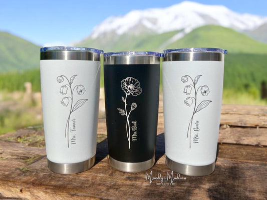 Personalized Birth Flower Tumbler: Engraved 20oz Stainless Steel Coffee Cup