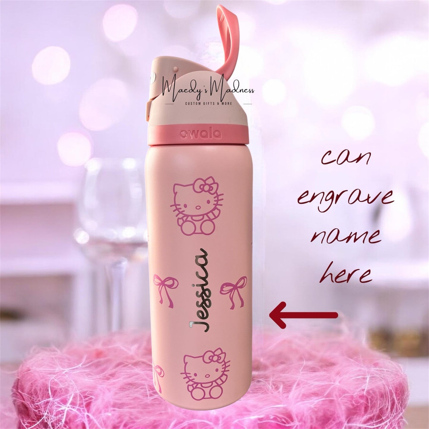 Kitty Owala Water Bottle 32 oz: Hello kawaii Kitty design, personalized Name Engraved, Sanrio inspired gift, Croquette bows, Tea time