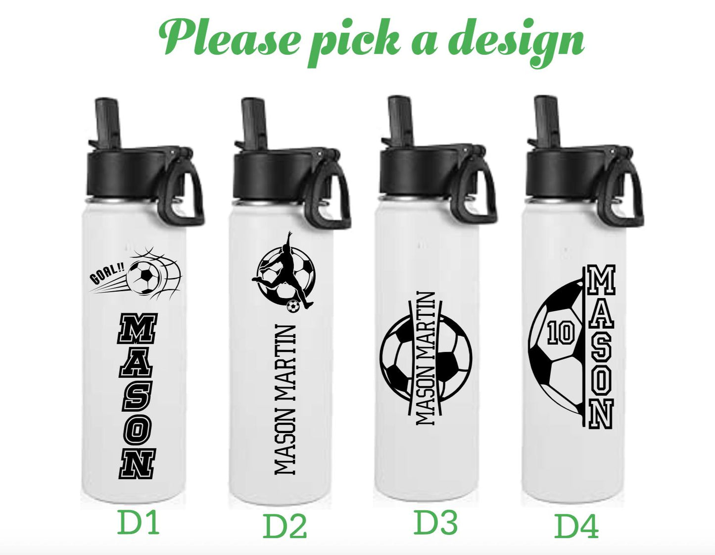 Personalized Soccer Water Bottle: Engraved Stainless Steel Sports Bottle with Straw