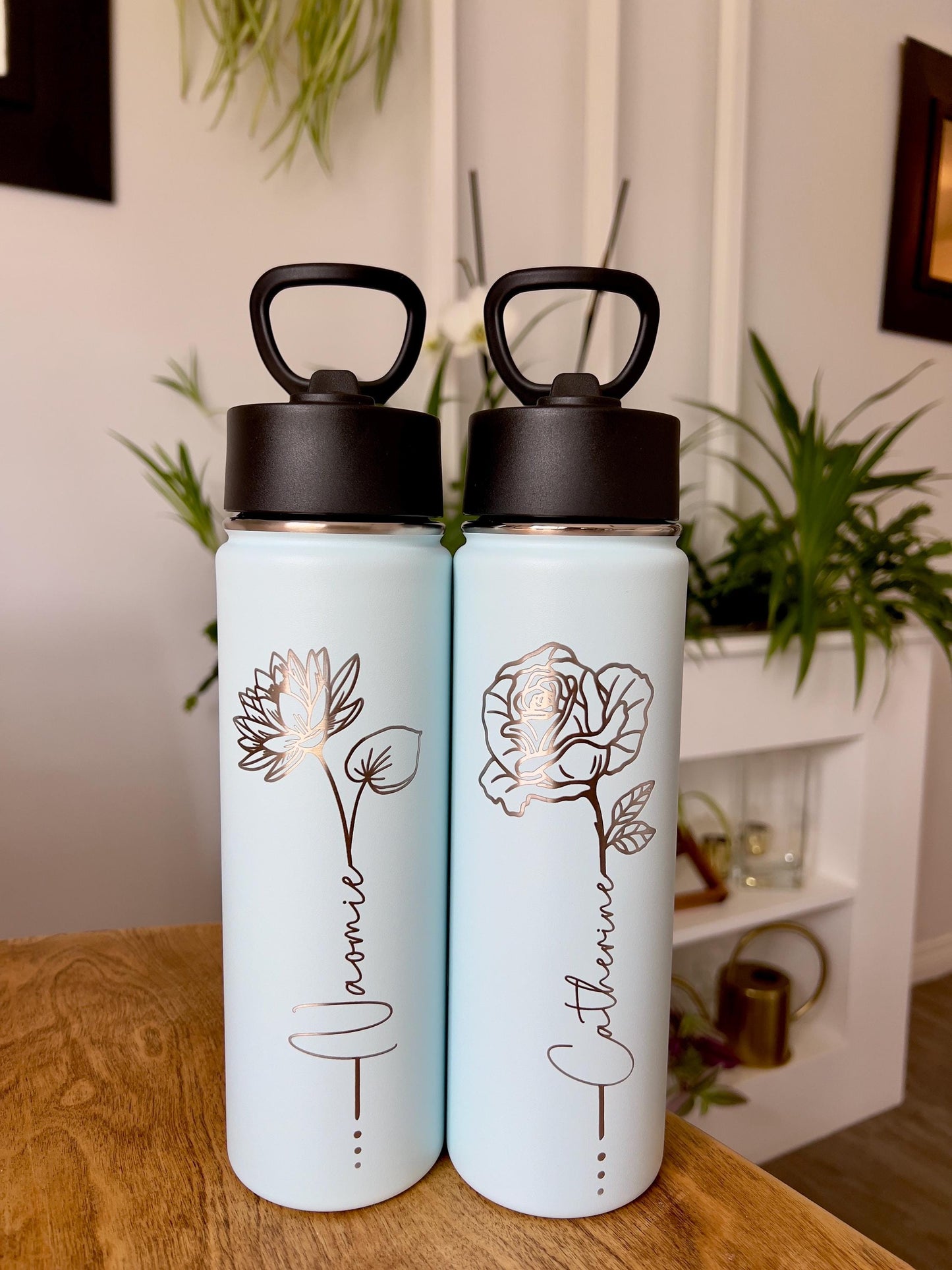 Personalized Birth Flower Tumbler: Engraved Stainless Steel Water Bottle, 22 oz