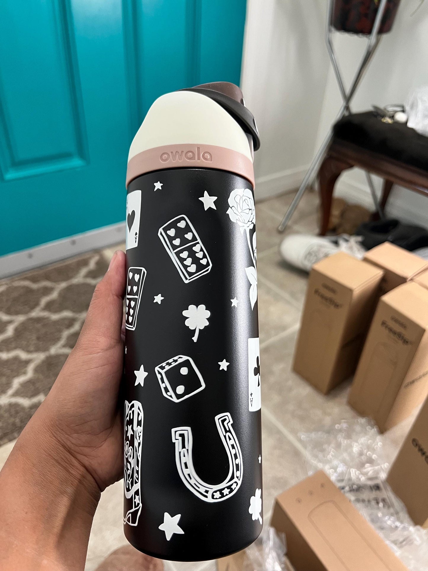 Personalized Owala Water Bottle 24 oz: Engraved Kitty, Floral Design