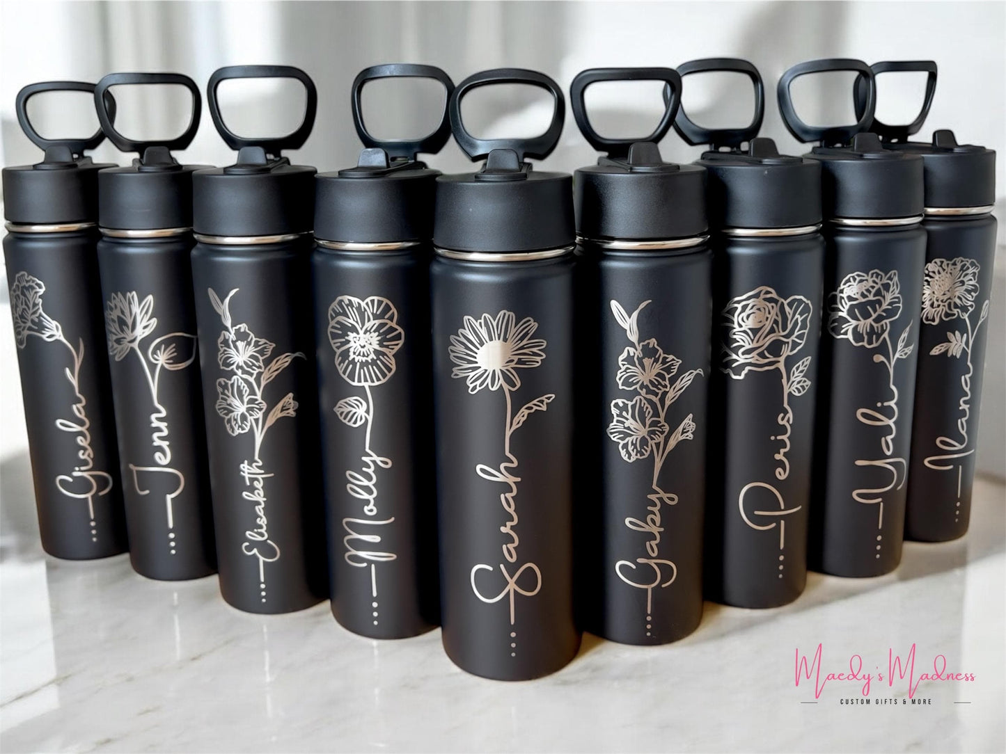 Personalized Birth Flower Tumbler: Engraved Stainless Steel Water Bottle, 22 oz