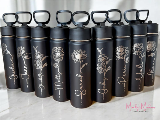 Personalized Birth Flower Tumbler: Engraved Stainless Steel Water Bottle, 22 oz