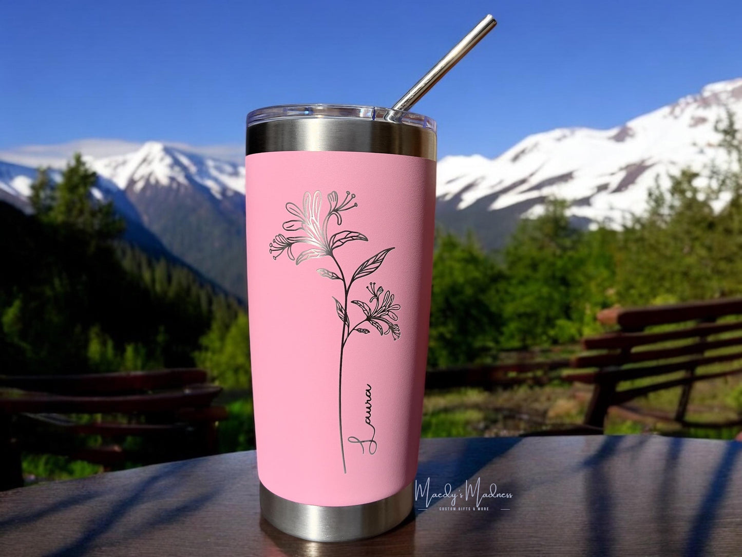 Personalized Birth Flower Tumbler: Engraved 20oz Stainless Steel Coffee Cup